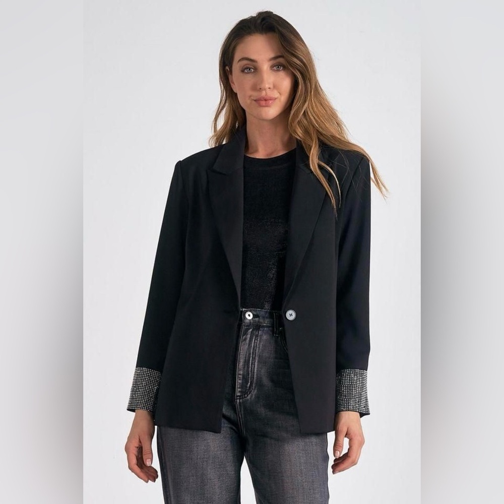 Elan NWT Med Elegant Black Women's Blazer with Embellished Diamond Studded Cuffs